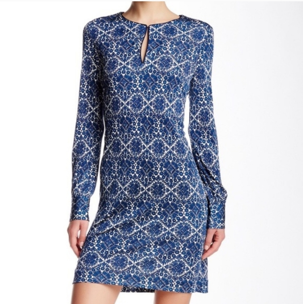 TORY BURCH Walker Long Sleeve Fitted Mini Dress Navy Blue White Size‎ XS Keyhole